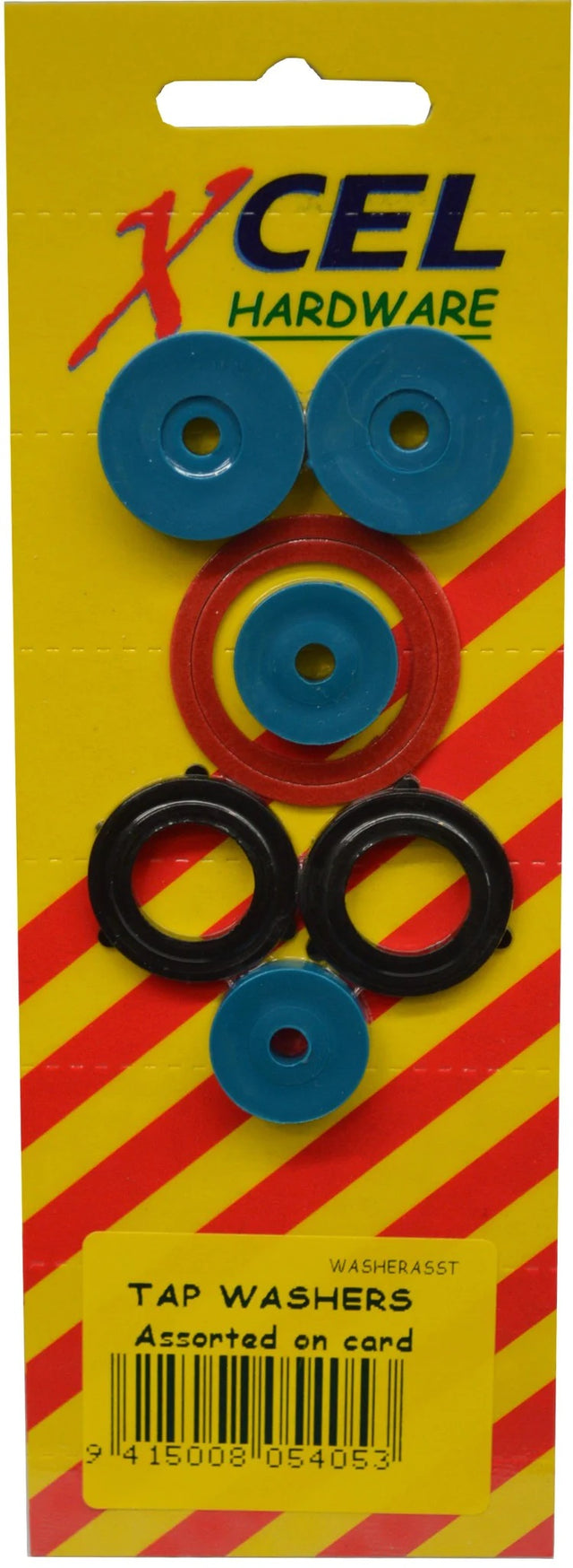 Assorted tap washers on card, including nylon and standard washers for leak prevention in plumbing projects.