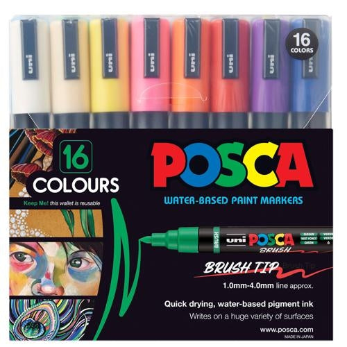Uni Posca Marker 1-4mm  Medium Brush Tip 16 Pack Assorted PC-5BR