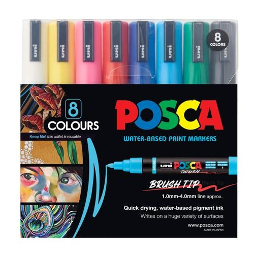 Uni Posca Marker 1-4mm  Medium Brush Tip 8 Pack Assorted PC-5BR