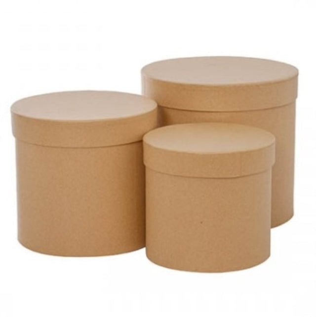 Set of 3 round matte kraft gift boxes in varying sizes, perfect for elegant and eco-friendly gift presentations.