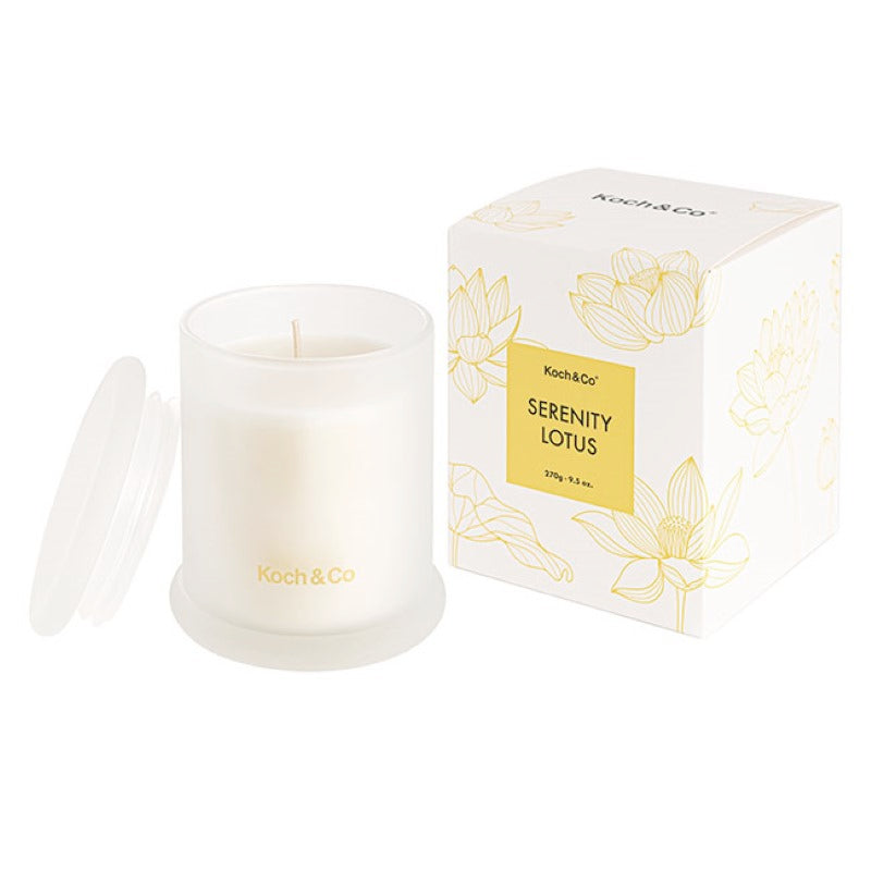 Flora Serenity Lotus scented candle, 9x10.5cm, evokes tranquility with floral aromas and a calming lotus design.