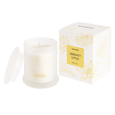 Flora Serenity Lotus scented candle, 9x10.5cm, evokes tranquility with floral aromas and a calming lotus design.