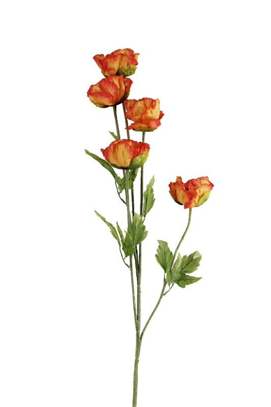 Artificial 5 Head Flocked Poppy Spray -  White - Set of 6