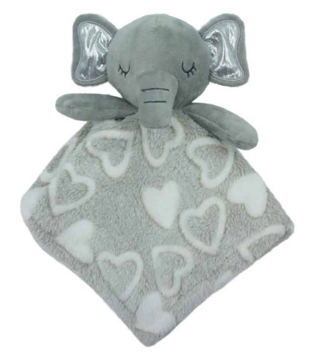 Soft grey elephant cuddle blanket for babies, 38x36 cm, perfect for warmth and comfort during naps and playtime.