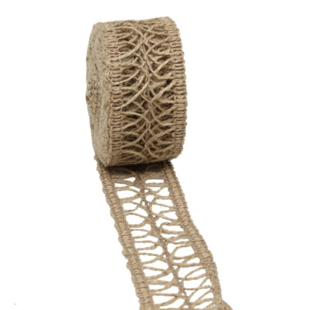 Natural jute ribbon with a cross net design, 4cm wide and 5m long, perfect for eco-friendly crafting and decor.