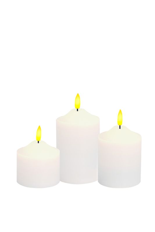 New Full Flame LED Wax Pillar Candle - Set of 3 -  White