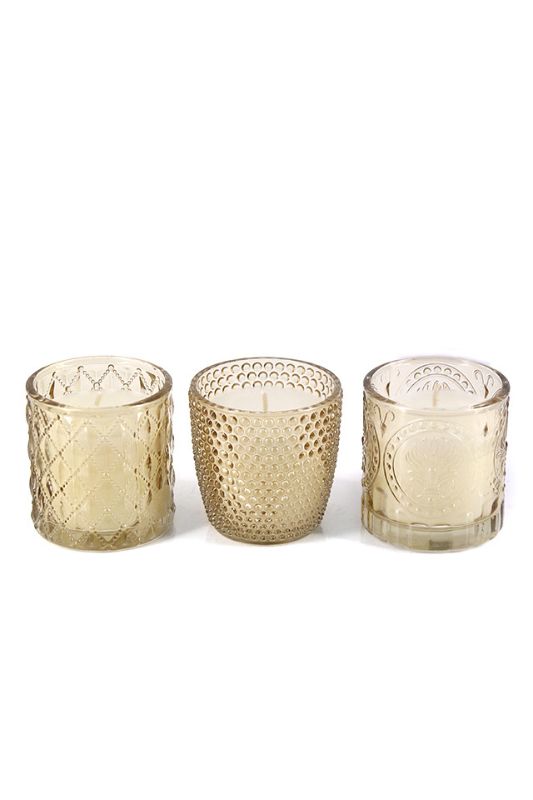Assorted Pattern Moulded Glass Candle -  Old Gold - Set of 6