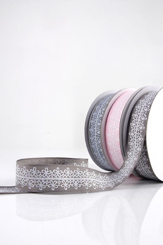 Ribbon - Woven Edge Printed Flower Ribbon -  Pink - Set of 4