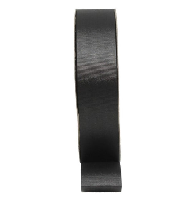 Black textured ribbon measuring 30mm x 90m, ideal for gift wrapping and crafting projects with a sophisticated touch.