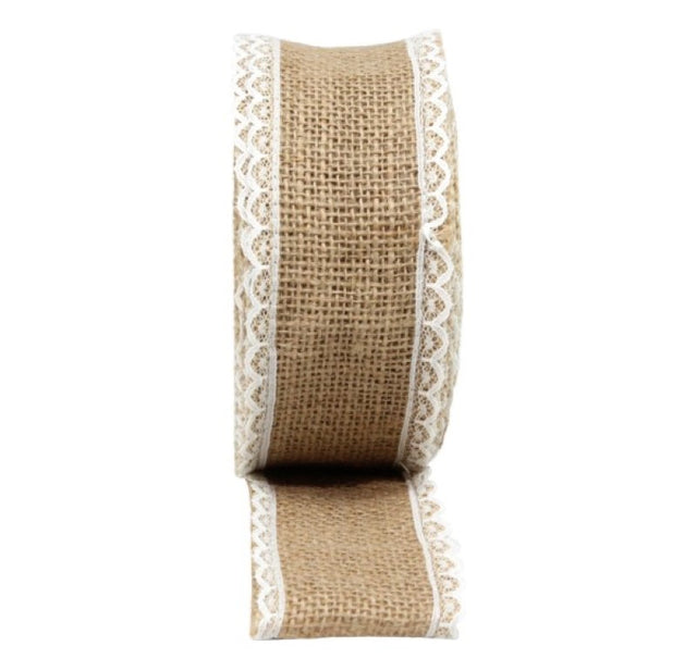 Natural jute ribbon with double-edged lace, 5cm wide and 10m long, perfect for rustic crafts and decor.