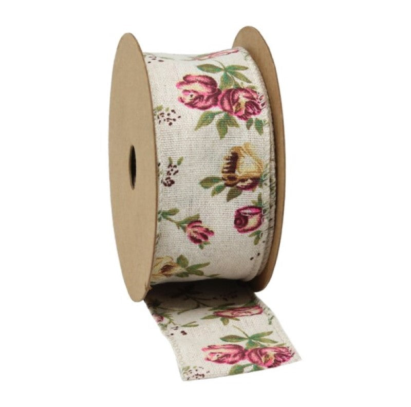 Elegant ribbon featuring a floral rose pattern, perfect for crafts, gift wrapping, and home decor.