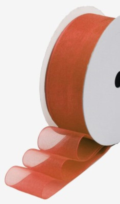 Dark copper organza ribbon roll, 40mm wide, 50m long, perfect for elegant gift-wrapping and crafting projects.