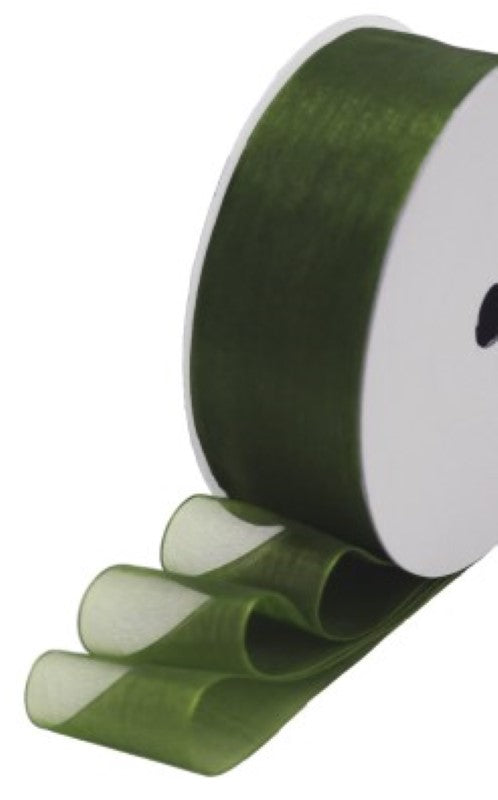 Moss organza ribbon roll, 25mm x 25m, ideal for gift wrapping, floral designs, and party décor with shimmering sheer fabric.