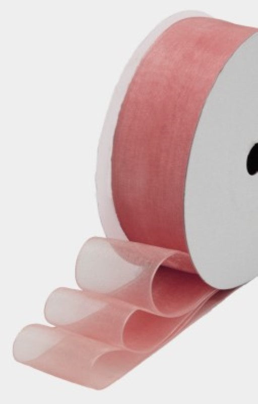 Mauve organza ribbon roll, 25mm wide and 25m long, perfect for elegant crafting and gift wrapping.