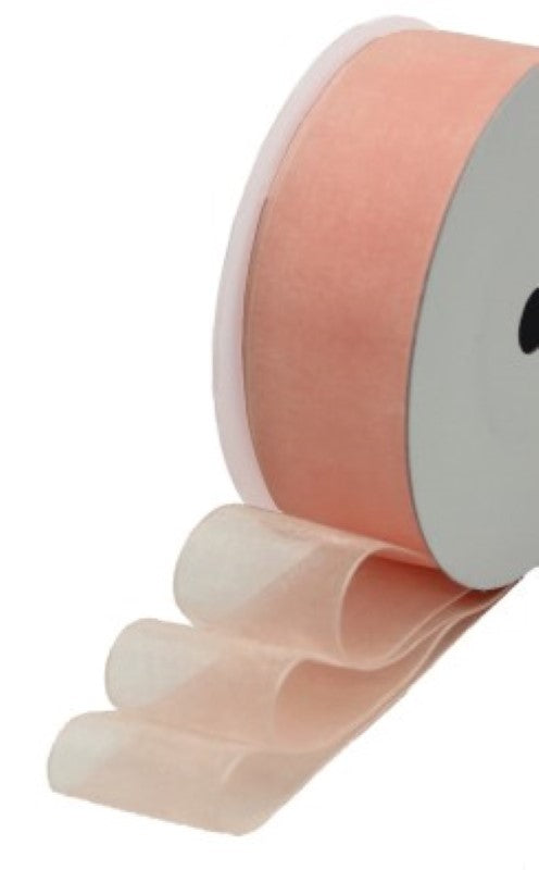 Petal peach organza ribbon roll, 25mm x 25m, perfect for elegant crafting, gifts, and decorations.