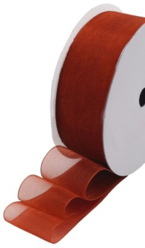 Rust organza ribbon roll, 40mm wide, 50m long, perfect for crafting, decorating, and elegant gift wrapping.