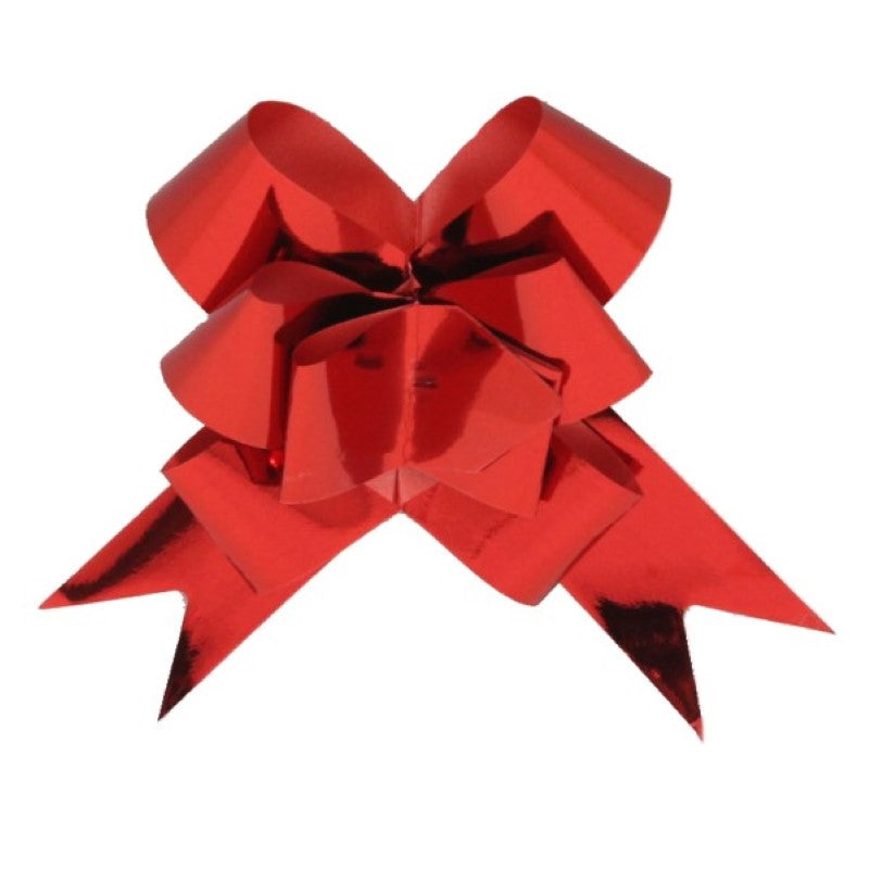 Red pull bows in a pack of 10, perfect for stylish gift wrapping and celebrations, featuring glossy, durable material.