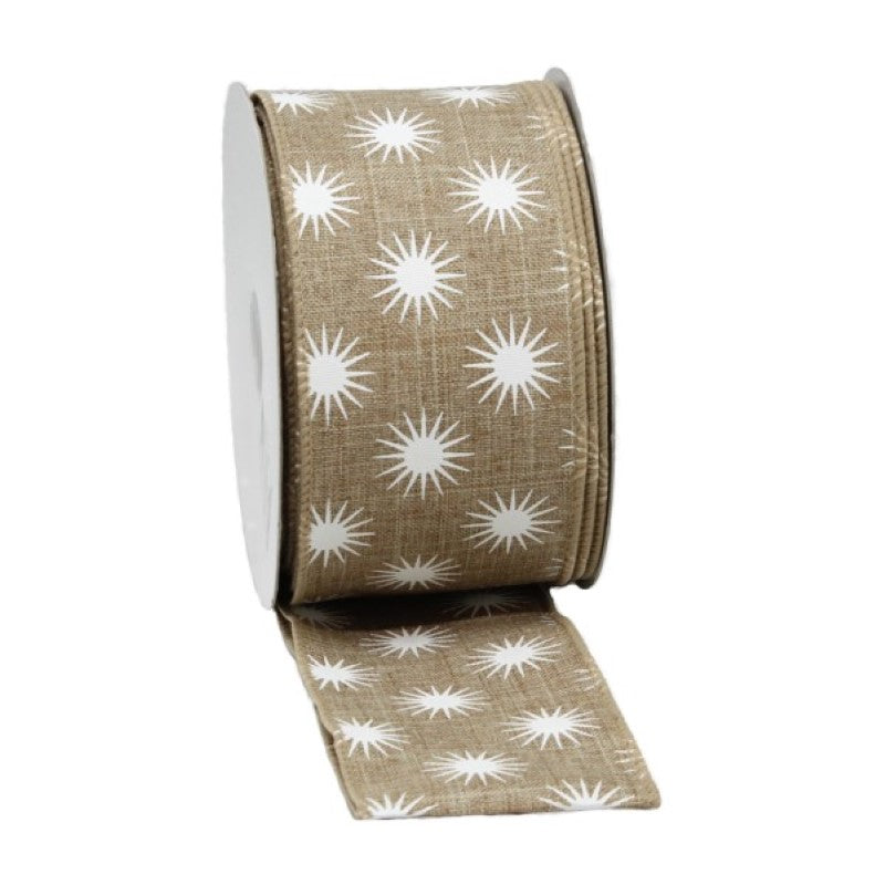Natural jute ribbon featuring white stars, perfect for crafts, gift wraps, and decorations, 60mm x 20m.