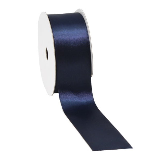 Luxurious Midnight Blue Satin Single Face Ribbon, 38mm wide, perfect for crafting and elegant gift-wrapping.