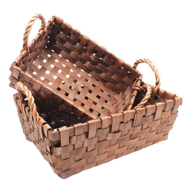 Set of 2 brown woven rectangle baskets with handles, perfect for stylish home organization and storage.