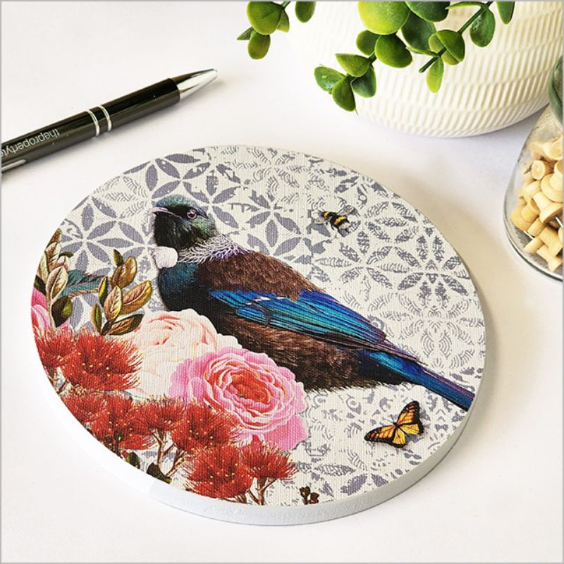 Wall Art - Canvas Circle Floral NZ Bird Small Tui (15cm)