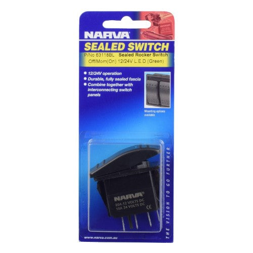 Switch Sealed Rocker Off/Mom On Green - Narva