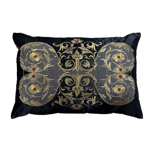 Cushion Cover - Hand Embroidered  - Black with Antique Gold Design