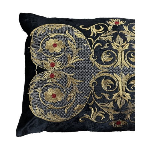 Cushion Cover - Hand Embroidered  - Black with Antique Gold Design