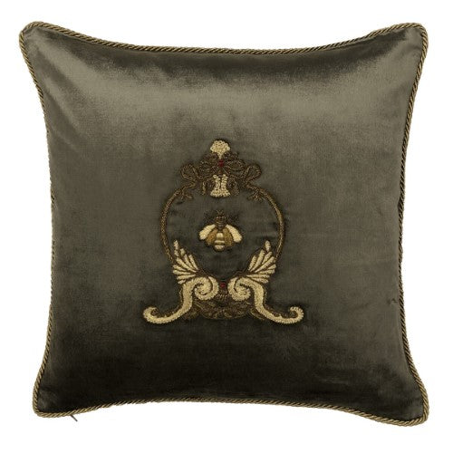 Cushion Cover - Hand Embroidered  - Antique Green withBee Wreath