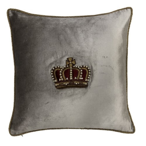 Cushion Cover - Hand Embroidered  - Platinum with Gold Crown