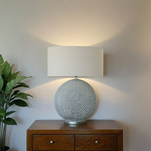 Blue Glazed Ceramic Lamp with Linen Shade - 67cm