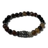 Men's Bracelet - Matte Brown Banded Agate Onyx & Hemp Knot Bucket Bead