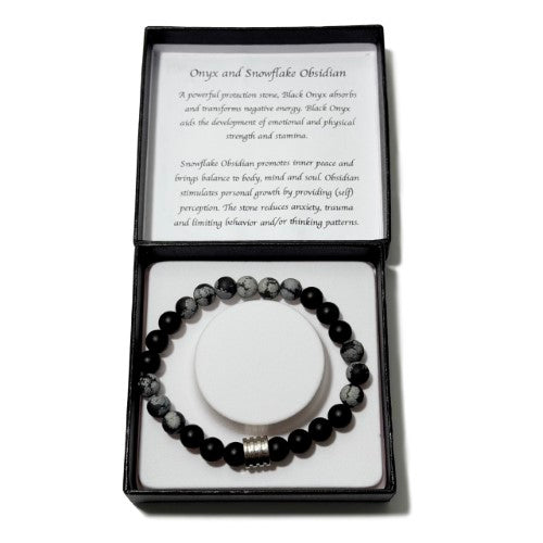 Men's Bracelet - Matte Onyx Matte Snowflake Obsidian & 4 Ring Bead