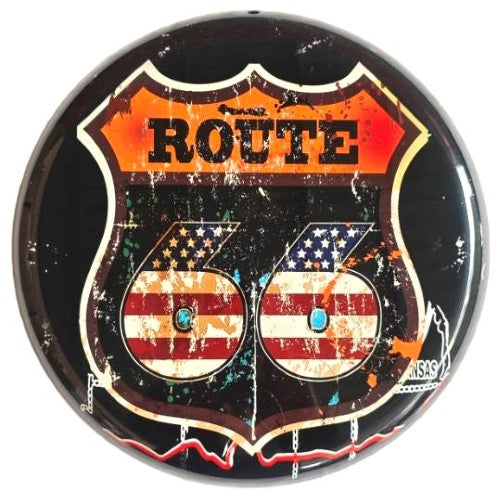 Round Metal Wall Art - Route 66 (35 x 35 x 1.5cm)