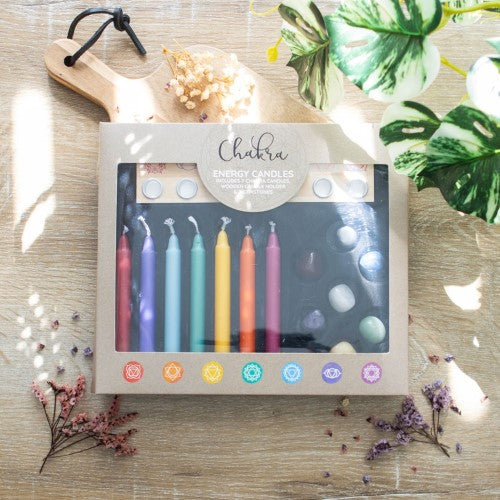 Chakra Energy Candles, Crystals and Candle Holder Gift Set