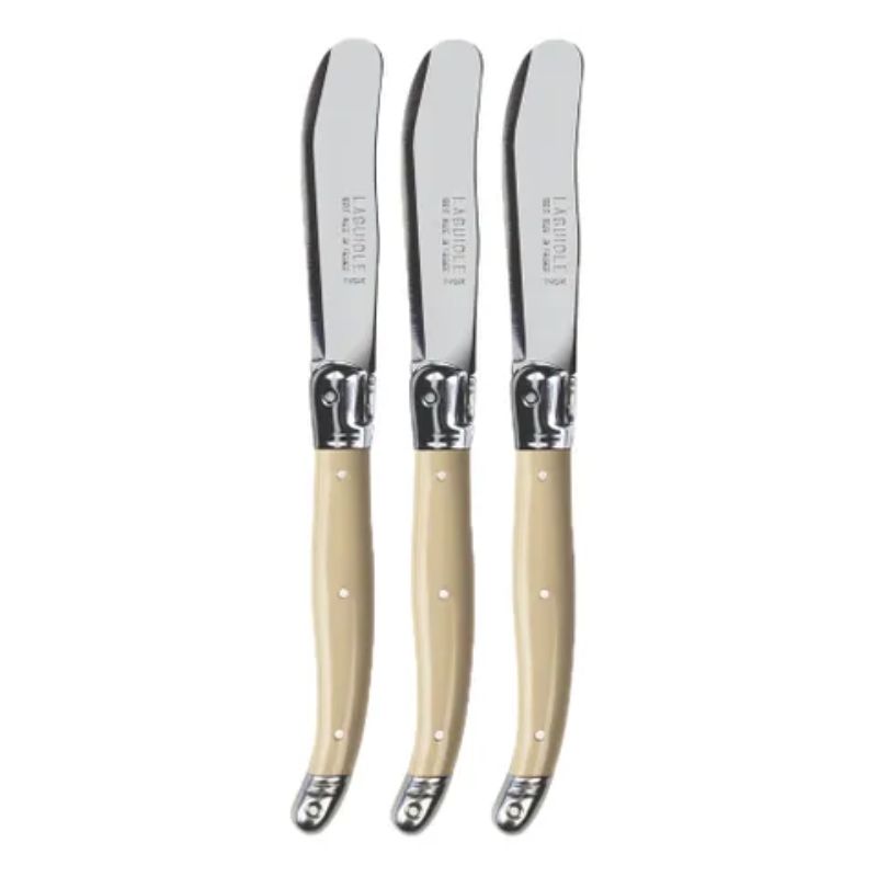 Set of three ivory spreaders with stainless steel blades and vibrant resin handles featuring the Laguiole Bee emblem.