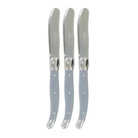 Set of three mouse grey spreaders, perfect for serving butter, cheese, and dips at gatherings.