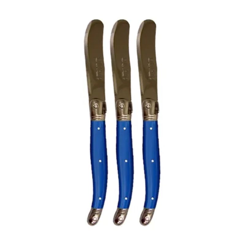 Set of three elegant Verdier spreaders with stainless steel blades and vibrant navy blue handles, featuring the Laguiole Bee.