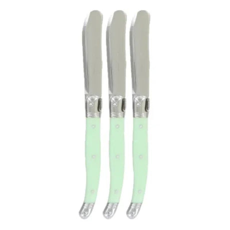 Set of three elegant pale green stainless steel spreaders with ergonomic resin handles, crafted in France by Andre Verdier.