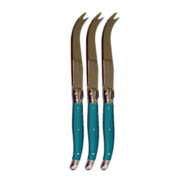 Verdier Cheese Knife set of 3 in teal, featuring stainless steel blades and Laguiole craftsmanship for stylish cheese serving.