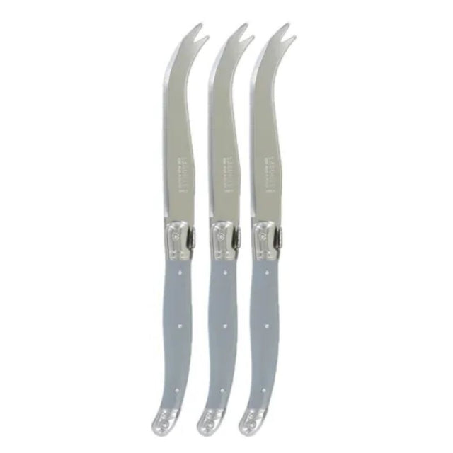 Set of 3 elegant cheese knives with stainless steel blades and grey resin handles, featuring the Laguiole Bee emblem.