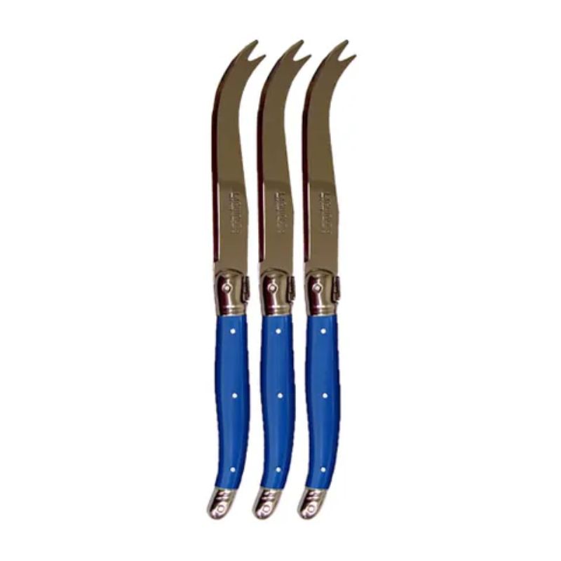 Set of 3 navy cheese knives with stainless steel blades and colored resin handles, featuring the Laguiole Bee logo.