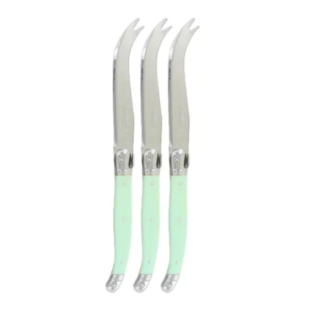 Verdier Pale Green Cheese Knife set of three, featuring stainless steel blades and elegant resin handles with Laguiole Bee.