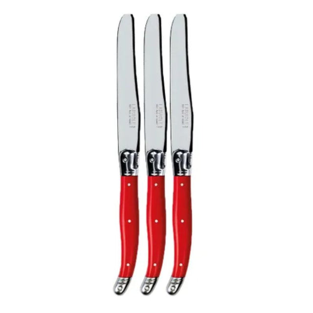 Set of 3 elegant red Laguiole table knives with stainless steel blades and comfortable resin handles, made in France.