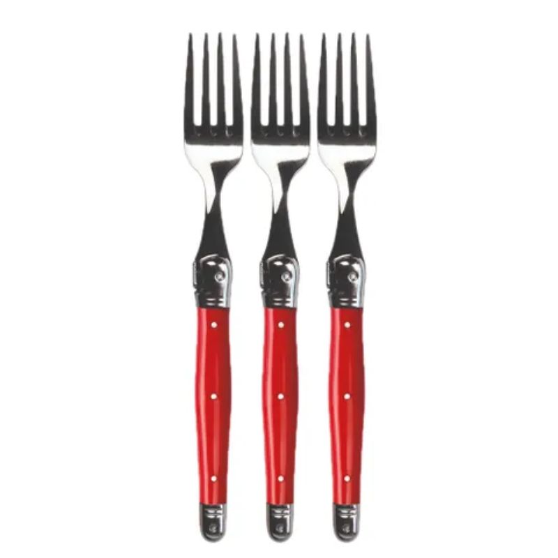 Three elegant red forks from the Andre Verdier Laguiole Debutant Range, crafted in stainless steel with vibrant resin handles.