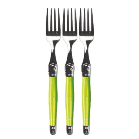 Set of three elegant green Verdier Laguiole forks, 21 cm long, crafted in France with stainless steel and resin handles.