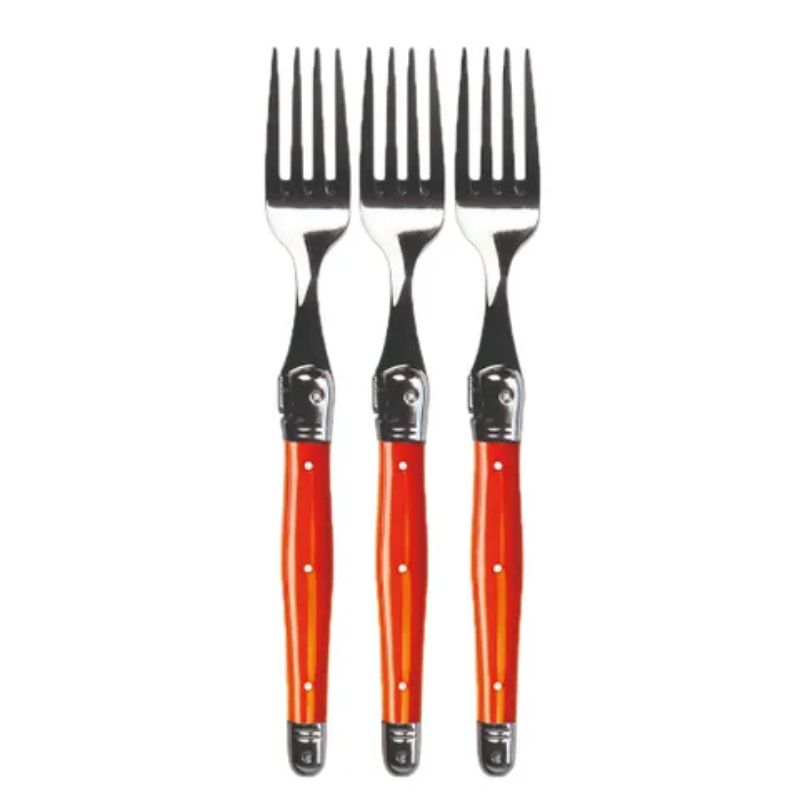 Set of three elegant orange refill forks featuring the iconic Laguiole Bee, crafted from stainless steel and vibrant resin.