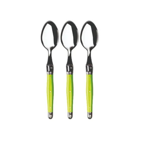 Set of 3 elegant green teaspoons, stainless steel with vibrant resin handles, featuring the Laguiole Bee.