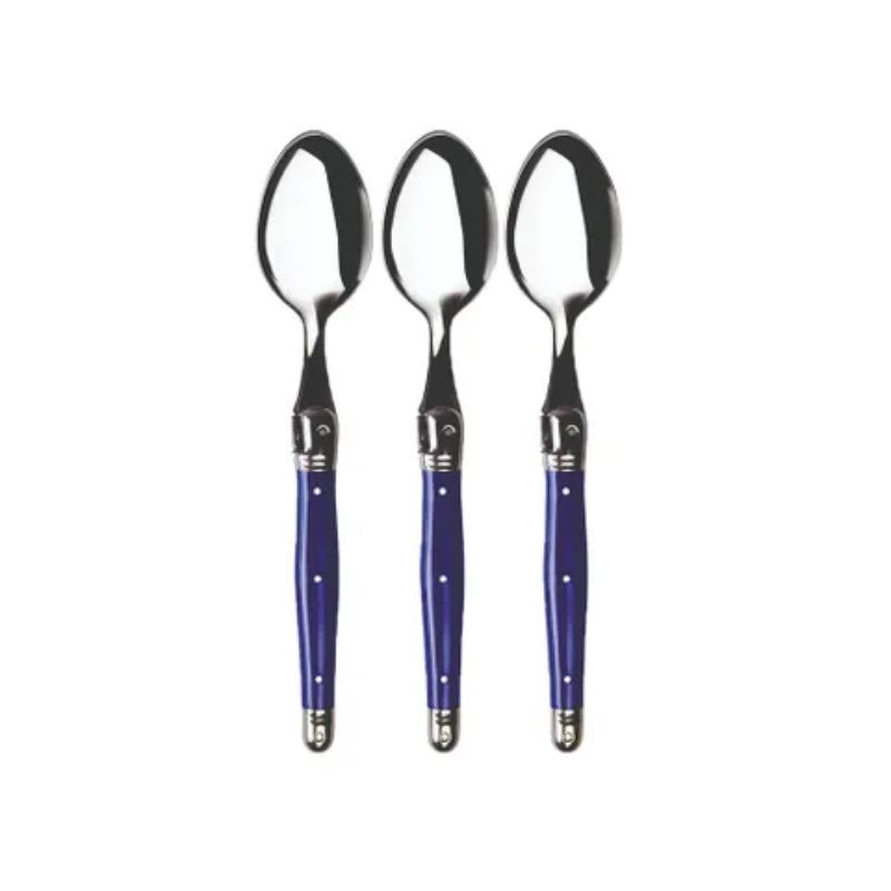 Set of 3 stainless steel teaspoons with elegant violet resin handles, featuring the Laguiole Bee, dishwasher safe.