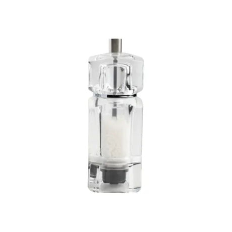 T&G Cubic Salt Mill 140mm in clear acrylic, featuring a durable ceramic mechanism for adjustable grinding coarseness.